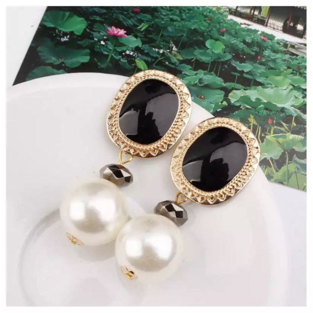 White pearl black stone earrings